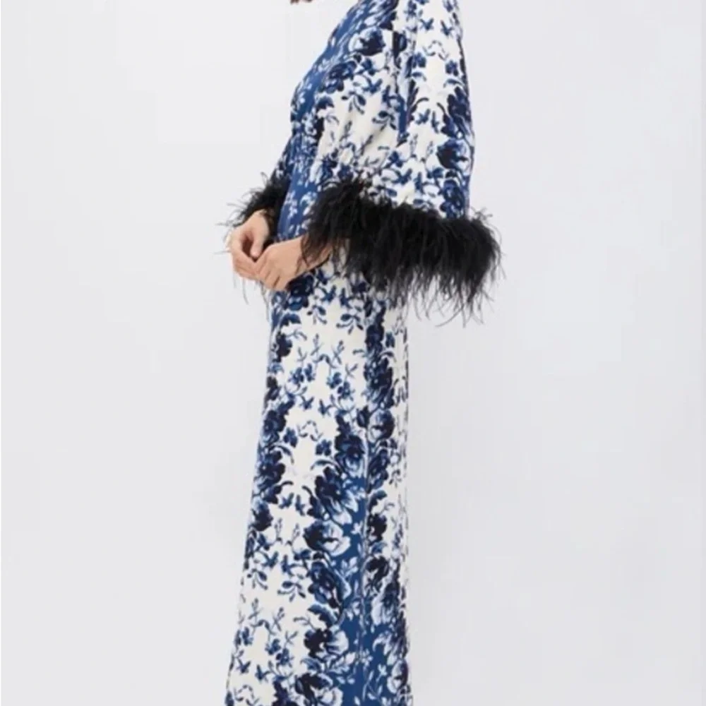 Tuckernuck Blue and White Long-Sleeve Floral Maxi Dress with Feather Cuffs - Picture 3 of 5